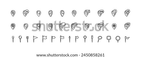 Location pin and flag icons set. Doodle location marker. Sketch restaurant, gym, bar, airport, hospital, store, university pinpoint. Hand drawn gps navigation mark.