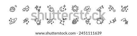 Doodle outer space cosmic icons set. Planets, constellation, spacecraft, rocket hand drawn linear illustration. Falling stars and comets. Alien ship. Astronomy science and astrology concept.