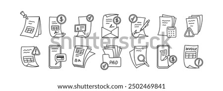 Hand drawn line doodle invoice and paying bill icon set. Online mobile payment with credit card. Documents, folder, calculations vector illustration, Signing business contract