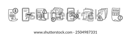 Line doodle bill and invoice icon set. Receipt, tax, loan, order hand drawn concept. NFC contactless payment, money transfer, bank credit card, atm symbol line art drawing