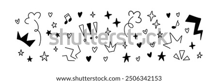 Set of grunge emo doodle elements. Handwriting hearts, stars, music notes, movement and motion expressions. Crayon pencil scribbles. Punk graffiti background