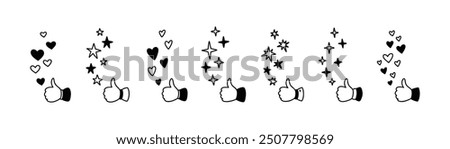 Cute line doodle thumb up icon. Positive reaction for social media post, live stream, book, online shopping experience. Handwriting falling stars, bling, sparks, glitter, hears, twinkle