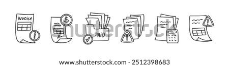 Line doodle over due payment icon set. Late pay invoice, expired deadline, failed money transfer notification, error sign, delivery delay, unpaid bill, warning mail document sketch illustration