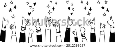 Raising hands with thumb up doodle background. Positive reaction for social media post, live stream, book, online shopping experience. Handwriting falling stars, bling, sparks, glitter, hearts.