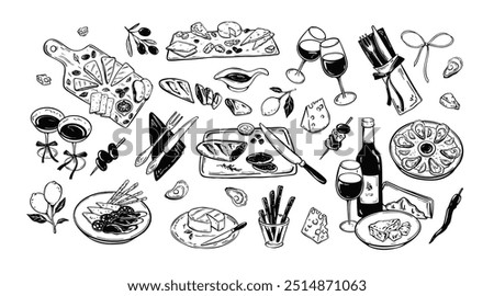 Wine and appetisers crayon minimalist drawings. La dolce vita illustration style. Spanish tapas, cheese charcuterie plate, oysters. Mediterranean restaurant menu background. Slow living concept