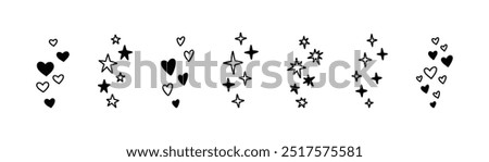 Hand drawn like reaction for live stream, blog, comment, social media post. Handwriting hearts, stars, twinkle, sparks, glitter. Doodle vector illustration. Crayon scribble