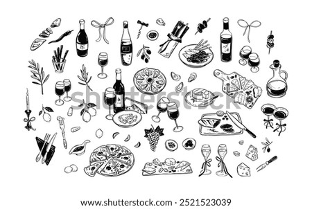 Minimalist food and wine linocat vector illustrations set. La Dolce vita style. Mediterranean, greek, Italian restaurant menu design background. Slow living concept. Girly summer picnic, charcuterie