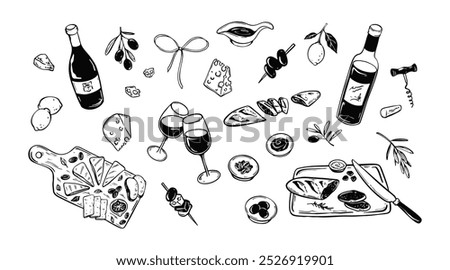 Summer picnic food and wine vector illustrations set. Pizza, cheese plate, baguette, alcohol glass and bottle vintage minimalist sketch. La Dole Vita. Charcoal scribble. Restaurant, cafe menu design