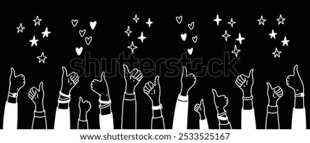 Raising hands with thumb up doodle background. Positive reaction for social media post, live stream, book, online shopping experience. Handwriting falling stars, bling, sparks, glitter, hearts