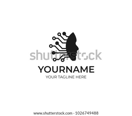 Artificial intelligence and human face logo template. Circuits electronics grid and communications vector design. Technology CPU Mind illustration