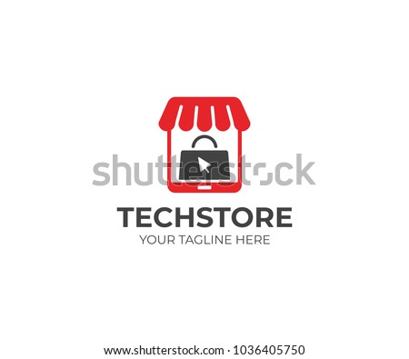 E-commerce logo template. Tablet store and shopping bag vector design. Digital market illustration