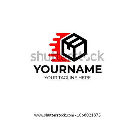 Box and fast delivery of cargoes and trucking, logo template. Cargo transportation and delivery of goods, vector design. Urgent transportation of goods and purchases in internet online, illustration