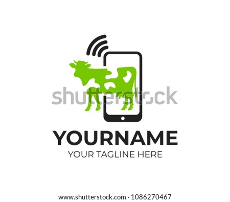Smart cows farm, smartphone with Wi-Fi and cow, logo template. Animal and pet, wireless technology in agriculture, vector design. Innovation technologies in livestock farming, illustration