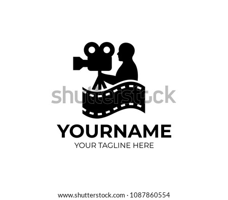 Cameraman, videographer and videocamer either cinemacamera, logo template. Film, cinema and filming, vector design. Film festival and film industry, illustration