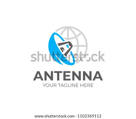 Satellite dish and world logo template. Satellite antenna vector design. Satellite communication system logotype