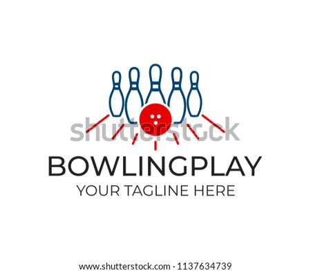 Bowling pin with ball and white pins for game, logo template. Playing bowling, game, leisure and sport, vector design. Entertaining bowling club, illustration