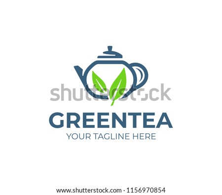 Green tea logo design. Teapot with leaves vector design. Teahouse logotype