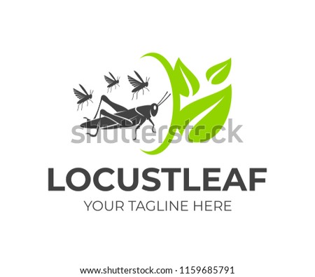 Locust and flock of grasshoppers with leaves and rotation, logo design. Agriculture and agricultural, farm and farming, food and plant, animal and insect, vector design and illustration