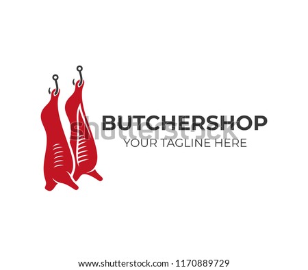 Butcher shop and animal carcasses hang on hooks, logo design. Meal, food and meat, vector design and illustration Сток-фото © 