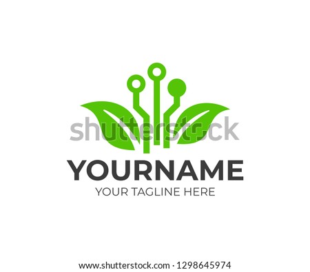 Green technology and circuit with leaves, logo design. Smart agricultural, E-agriculture and climate-smart farm, vector design and illustration