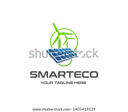 Renewable energy resources logo design. Solar panel, wind turbine and light bulb vector design. Solar solution logotype