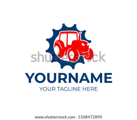 Tractor in gear, machinery dealer, logo design. Agricultural machinery, transport and engineering, vector design and illustration