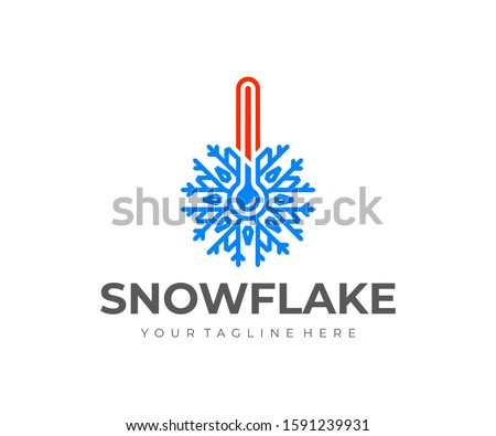 Thermometer shows low temperature logo design. Thermometer scale with snowflake vector design. Cold weather logotype