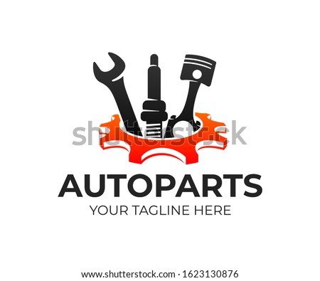 Autoparts in gear, auto piston, spark plug and wrench, logo design. Automotive parts, automobile detail and repairing car, vector design and illustration Foto stock © 