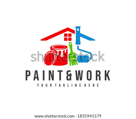 Painting and decorating, paint work and house painting, logo design. Home, painting tools, can of paint, roller brush and brush, vector design and illustration