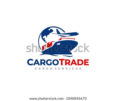 Global freight transportation logo design. International trade and logistic vector design. Sea and air cargo services logotype