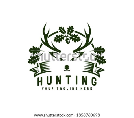 Hunting, hunt, deer with antler in oak foliage, logo design. Animal, wildlife, tree and leaves, vector design and illustration