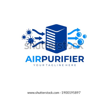 Air purifier for filter and cleaning removing dust and virus, fresh air, logo design. Air conditioner, air filtration and purification for virus protection and particles, vector design