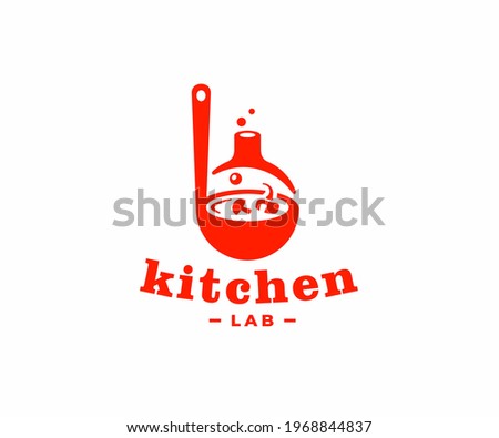 Kitchen laboratory logo design. Cooking food vector design. Ladle with soup and lab flask logotype