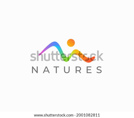 Colorful landscape logo design. Vibrant mountain line with sun vector design. Many-coloured nature logotype