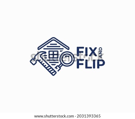 Real estate wholesale logo design. Flipping house vector design. Home repair with hammer and magnifying glass logotype