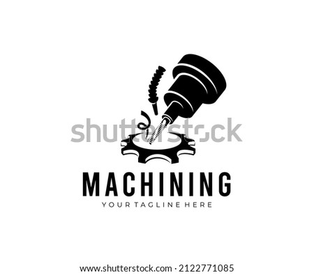 Machining, CNC milling machine makes a gear, logo design. Metalworking, coolant and lubrication in gear metalwork industry, vector design and illustration Photo stock © 