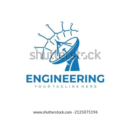 Telecommunication engineering, satellite dish and radio waves, logo design. Satellite dish, satellite communication system and connect, vector design and illustration