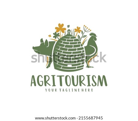 Agritourism, beehive, forbs, pig and rooster, logo design. Agriculture, farming, beekeeping, animal husbandry and poultry farming, vector design and illustration