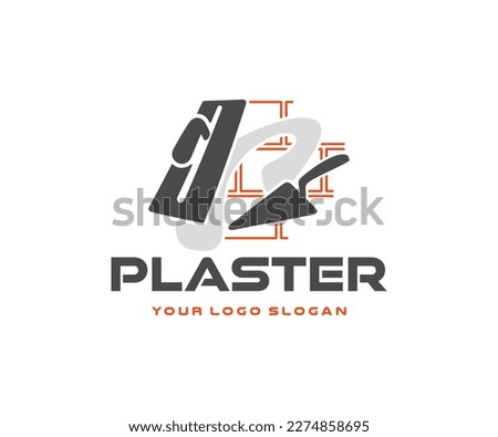 Trowel and spatula plastering a brick wall graphic design. Plastering and smoothing concrete wall with cement logo design. Plastering tools for interior or exterior vector design