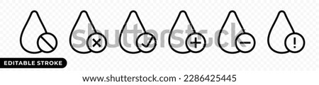 Drop of water with check and exclamation mark vector icon. Editable stroke icon of water droplet and prohibition, cross, tick, plus and minus sign