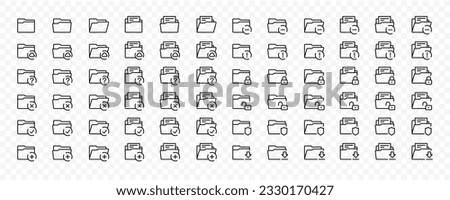 Set of line icons with editable stroke of folders. Vector open and closed folders with documents and cloud, padlock, shield, checkmark, upload symbol