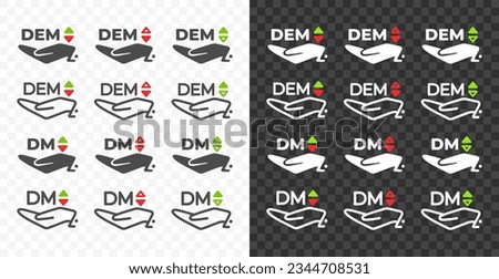 Hand and Deutsche Mark, DEM with up and down arrow currency exchange rate vector design. Foreign currencies and exchange rates value graphic design. Currency trade chart icons