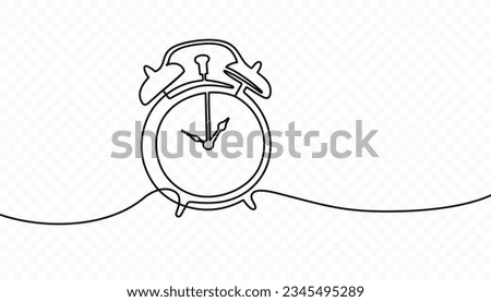 Continuous one line drawing of vintage alarm clock vector design. Single line art illustration on the theme of time, deadline, morning, time to work on transparent background