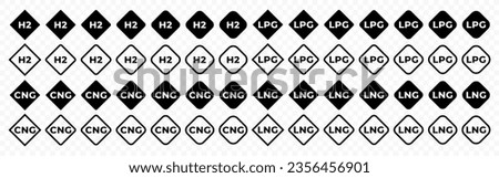 Marking of gas fuel types: H2, CNG, LPG, LNG vector design. Gaseous type of fuel labeling in the rhombus graphic design