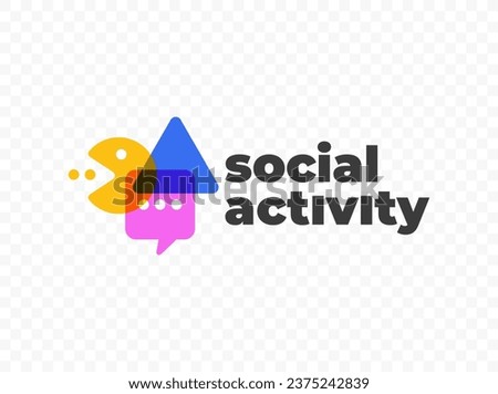 Pacman with speech bubble and geometric shapes overlap style logo design. Online social conversation, chat with social media vector icon