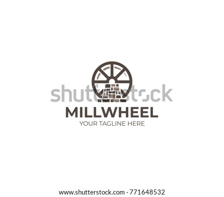Millwheel Logo Template. Watermill Vector Design. Mill and Water Illustration