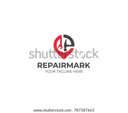 Repair and Construction Placemark Logo Template. Wrench and Hammer Vector Design. Work Tools and Pinpoint Illustration