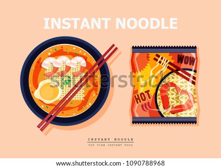 Illustration vector asian instant noodles soup in packaging foil bag and bowl with chopsticks top view on  table at home