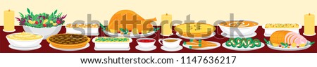 Illustration vector flat cartoon of food on happy Thanksgiving menu on dinner table as feast concept. Set of food on harvest festival on autumn. Roasted turkey and side dishes