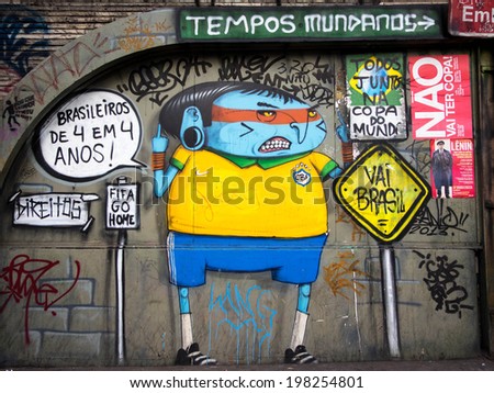 Sao Paulo, Brazil - June 8, 2014: Anti-World Cup street art protest in Sao Paulo, Brazil. Brazilians are unhappy with the exorbitant amount of money spent by the government to host the 2014 World Cup.